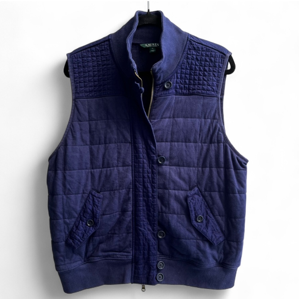 Ralph Lauren Quilted Cotton Vest Women XL Zip Up Overshirt Pockets Preppy Classy